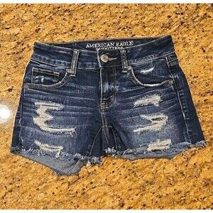 American Eagle Midi Jean Shorts Women’s Size 0 Distressed Denim Frayed Hem